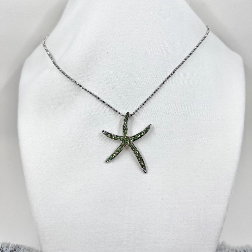Green Jeweled Starfish Pendant Silver Tone 16” Ball Chain Necklace - Picture 3 of 7
